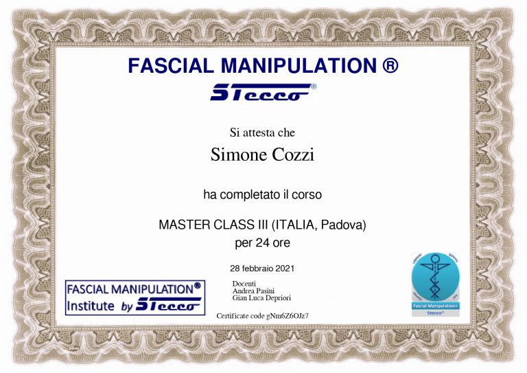 Certificato master class 3° livello manipolazione fasciale